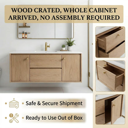 36”-58”Light Wood Floating Bathroom Vanity with White Stone Top & Gold Handles