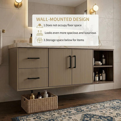 36”-58”Modern Wall Mounted Bathroom Vanity with Stone Top & Soft-Close Storage