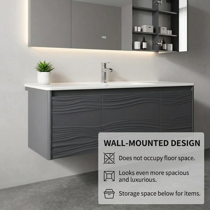 36”-58”Contemporary Gray Wall-Mounted Vanity with Embossed Doors & Large LED Lighted Mirror