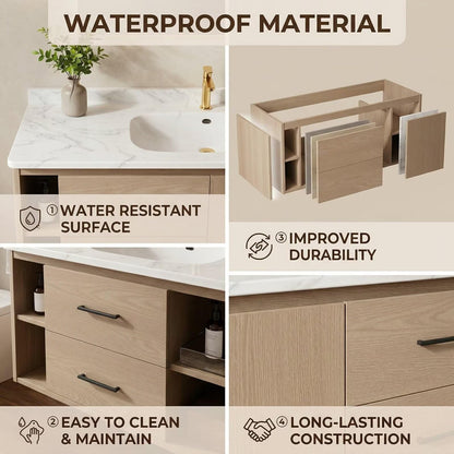 36”-58”Modern Wall Mounted Bathroom Vanity with Soft-Close Drawers & LED Lighted Mirror