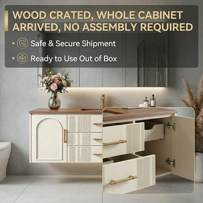 36”-58”Modern Wall Mounted Bathroom Vanity with Wood Top & Brass Hardware