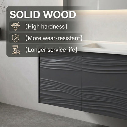 36”-58”Contemporary Gray Wall-Mounted Vanity with Embossed Doors & Large LED Lighted Mirror