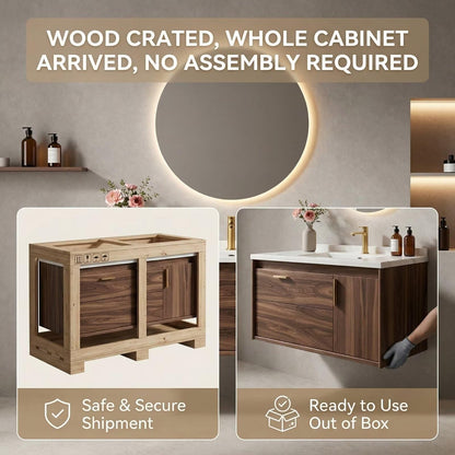 36”-58”Walnut Floating Bathroom Vanity with Marble Top & LED Round Backlit Mirror