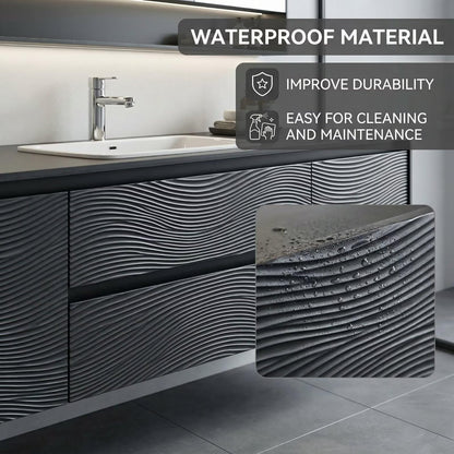 36”-58”Floating Black Bathroom Vanity with Wavy Texture & LED Lighted Mirror Cabinet