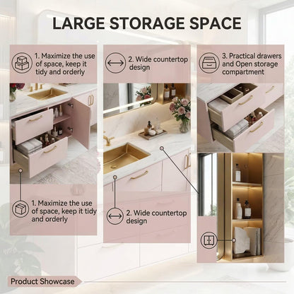 36”-58”Modern Blush Bathroom Vanity with Gold Hardware, Stone Top & Backlit LED Mirror