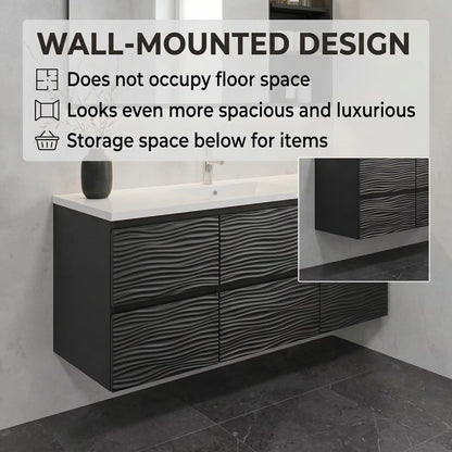 36”-58”Modern Dark Wood Vanity with Wave Pattern Doors, White Stone Top & Backlit LED Mirror