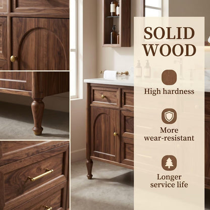 36"-64"Walnut Single Bathroom Vanity with Marble Countertop & LED Backlit Mirror