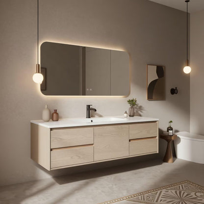 36"-64"Modern Floating Bathroom Vanity, Light Oak Single Sink Cabinet with Drawers