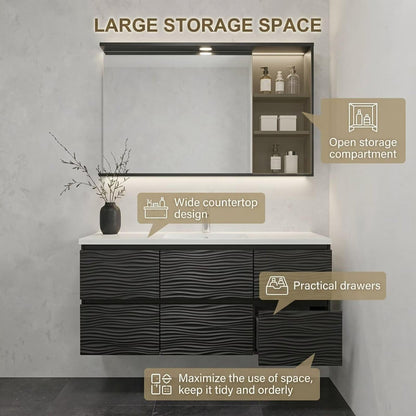 36”-58”Modern Dark Wood Vanity with Wave Pattern Doors, White Stone Top & Backlit LED Mirror