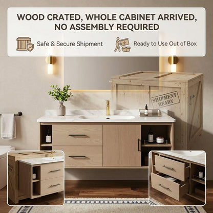 36”-58”Modern Wall Mounted Bathroom Vanity with Soft-Close Drawers & LED Lighted Mirror