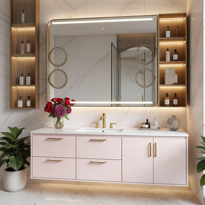 36”-58”Modern Blush Bathroom Vanity with Gold Hardware, Stone Top & Backlit LED Mirror