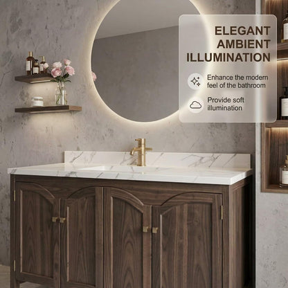 36”-58” Modern Dark Wood Vanity with Sink, Arched Doors & LED Smart Round Mirror
