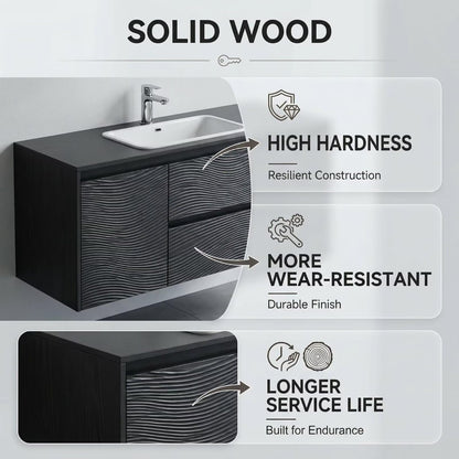 36”-58”Floating Black Bathroom Vanity with Wavy Texture & LED Lighted Mirror Cabinet