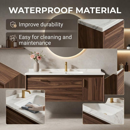 36”-58”Walnut Floating Bathroom Vanity with Marble Top & LED Round Backlit Mirror