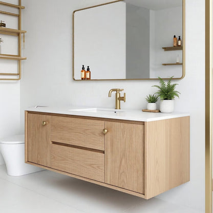 36”-58”Light Wood Floating Bathroom Vanity with White Stone Top & Gold Handles