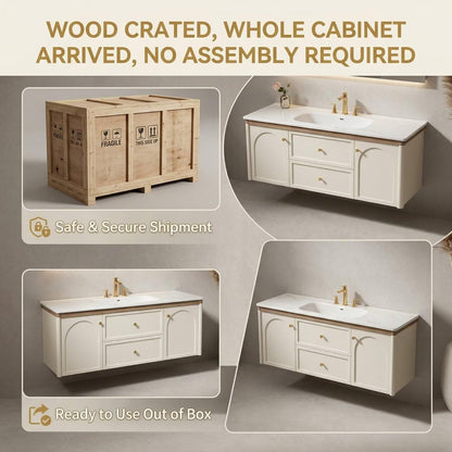 36”-58”Modern Off-White Bathroom Vanity with Wall Mounted Design & LED Lighted Medicine Cabinet