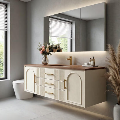 36”-58”Modern Wall Mounted Bathroom Vanity with Wood Top & Brass Hardware