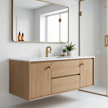 36”-58”Light Wood Floating Bathroom Vanity with White Stone Top & Gold Handles