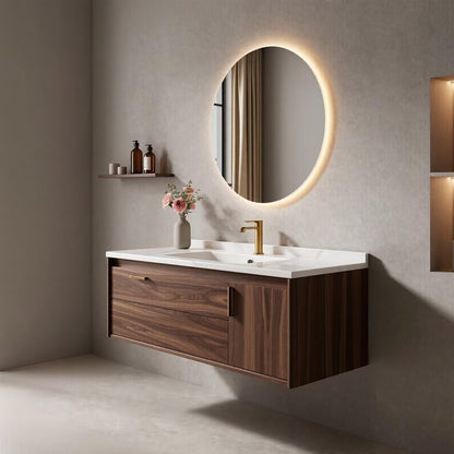 36”-58”Walnut Floating Bathroom Vanity with Marble Top & LED Round Backlit Mirror