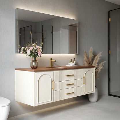 36”-58”Modern Wall Mounted Bathroom Vanity with Wood Top & Brass Hardware