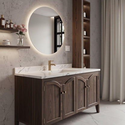 36”-58” Modern Dark Wood Vanity with Sink, Arched Doors & LED Smart Round Mirror