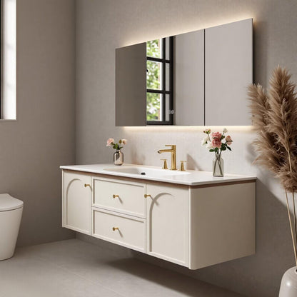36”-58”Modern Off-White Bathroom Vanity with Wall Mounted Design & LED Lighted Medicine Cabinet