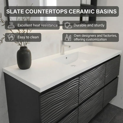 36”-58”Modern Dark Wood Vanity with Wave Pattern Doors, White Stone Top & Backlit LED Mirror