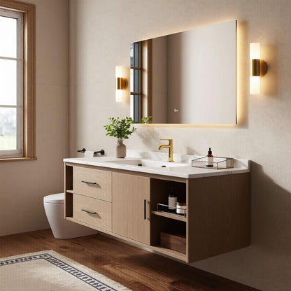 36”-58”Modern Wall Mounted Bathroom Vanity with Soft-Close Drawers & LED Lighted Mirror