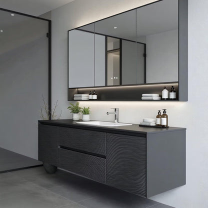 36”-58”Floating Black Bathroom Vanity with Wavy Texture & LED Lighted Mirror Cabinet