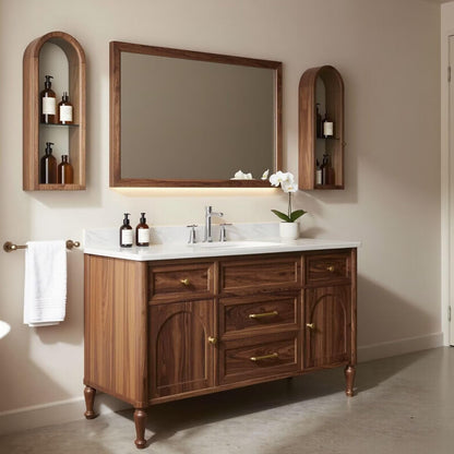 36"-64"Walnut Single Bathroom Vanity with Marble Countertop & LED Backlit Mirror