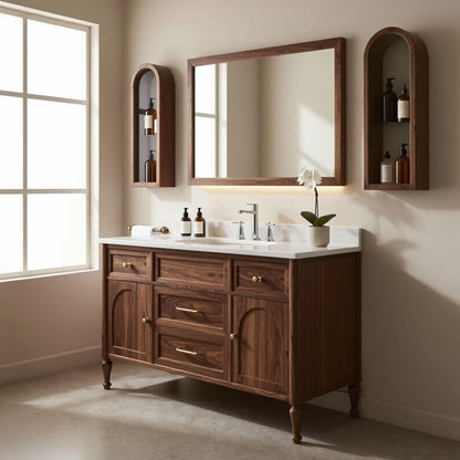 36"-64"Walnut Single Bathroom Vanity with Marble Countertop & LED Backlit Mirror