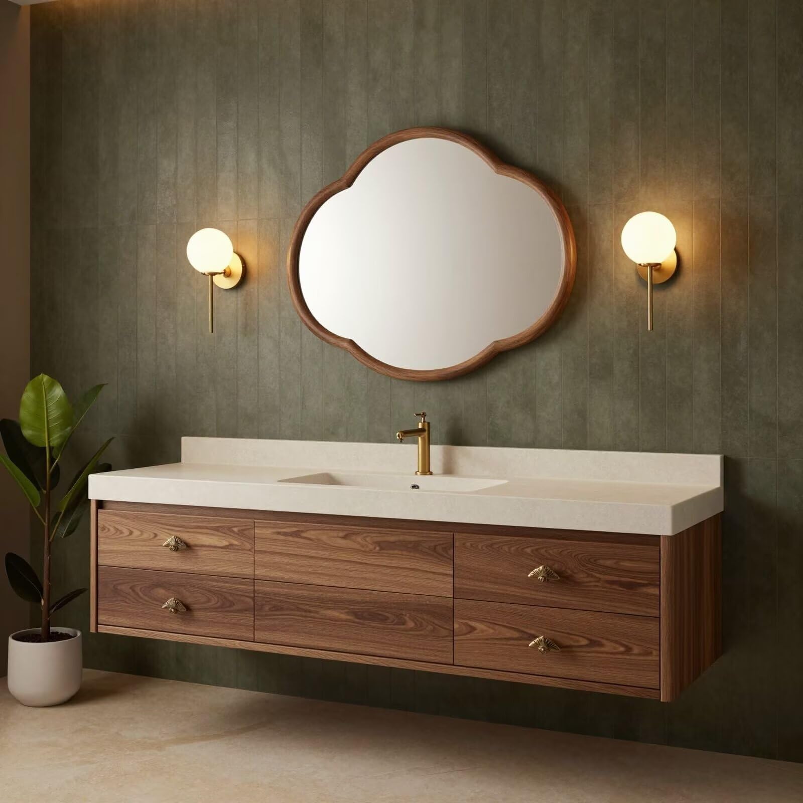 36"-64"Walnut Floating Bathroom Vanity with Single Sink & Quartz Top