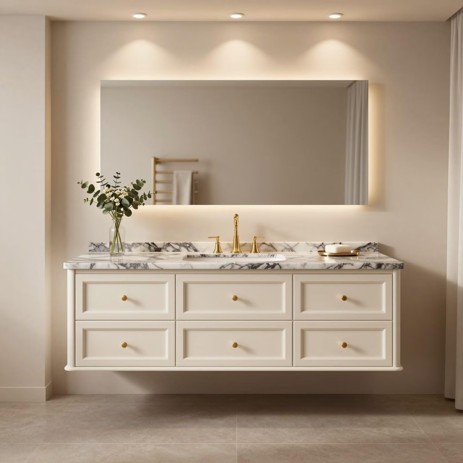 36"-64"Wall-Mounted White Bathroom Vanity with Marble Countertop & Gold Hardware