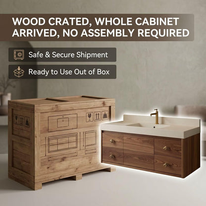 36"-64"Walnut Floating Bathroom Vanity with Single Sink & Quartz Top