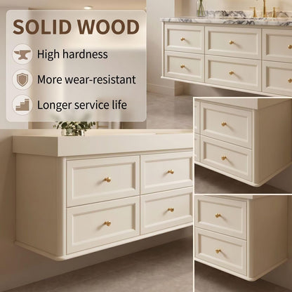 36"-64"Wall-Mounted White Bathroom Vanity with Marble Countertop & Gold Hardware