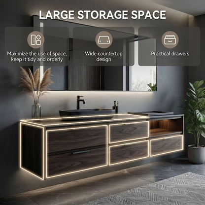 36"-64"Floating Dark Wood Bathroom Vanity with Black Vessel Sink & LED Mirror