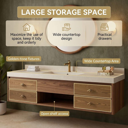 36"-64"Walnut Floating Bathroom Vanity with Single Sink & Quartz Top