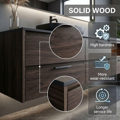 36"-64"Floating Dark Wood Bathroom Vanity with Black Vessel Sink & LED Mirror