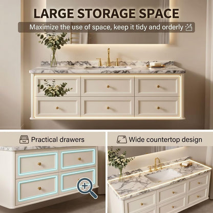 36"-64"Wall-Mounted White Bathroom Vanity with Marble Countertop & Gold Hardware
