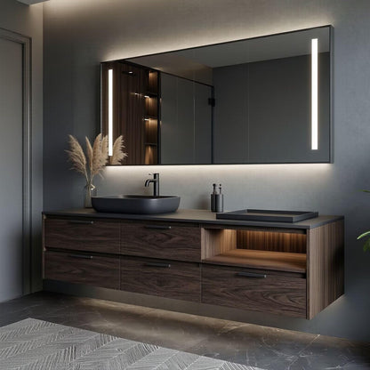 36"-64"Floating Dark Wood Bathroom Vanity with Black Vessel Sink & LED Mirror