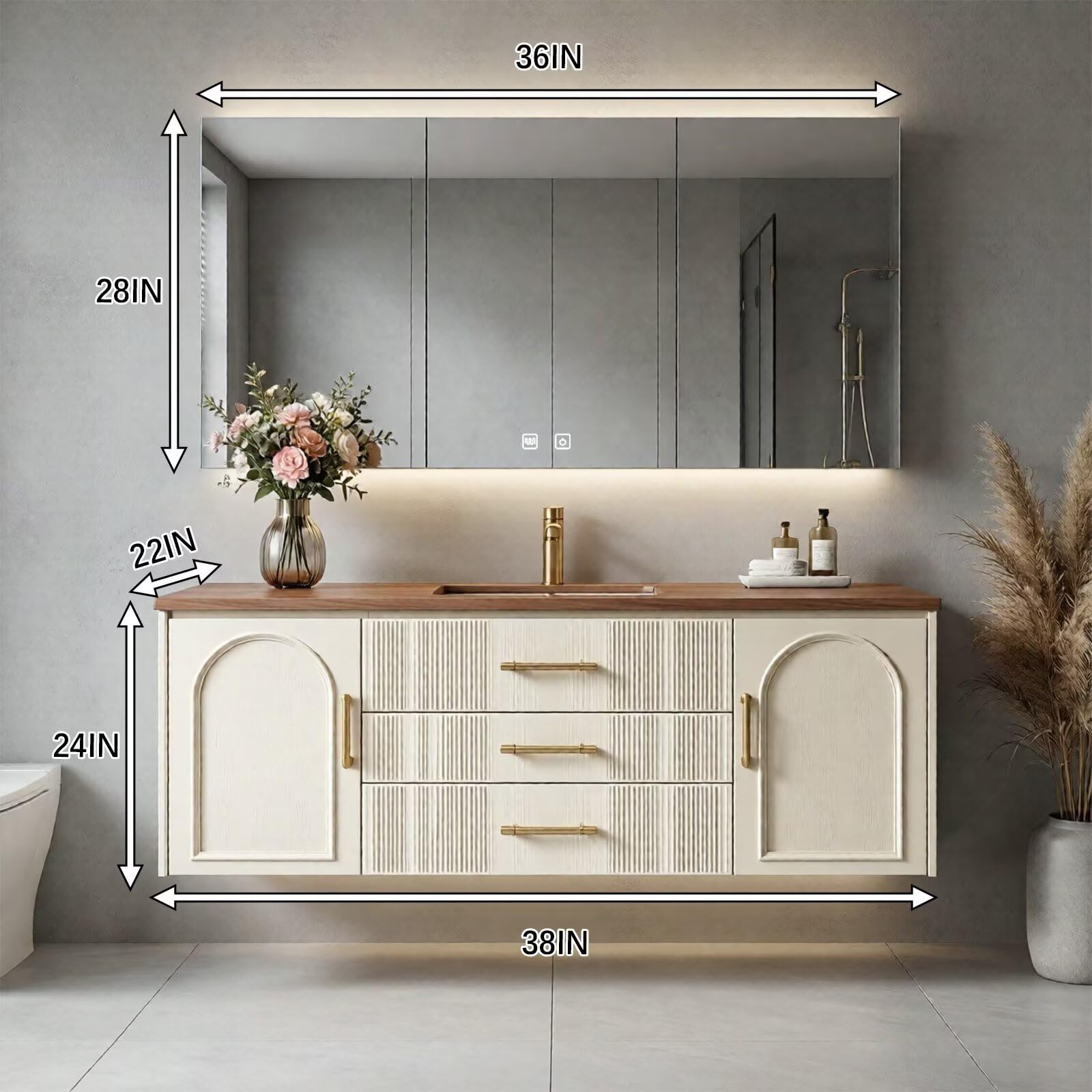 36”-58”Modern Wall Mounted Bathroom Vanity with Wood Top & Brass Hardware