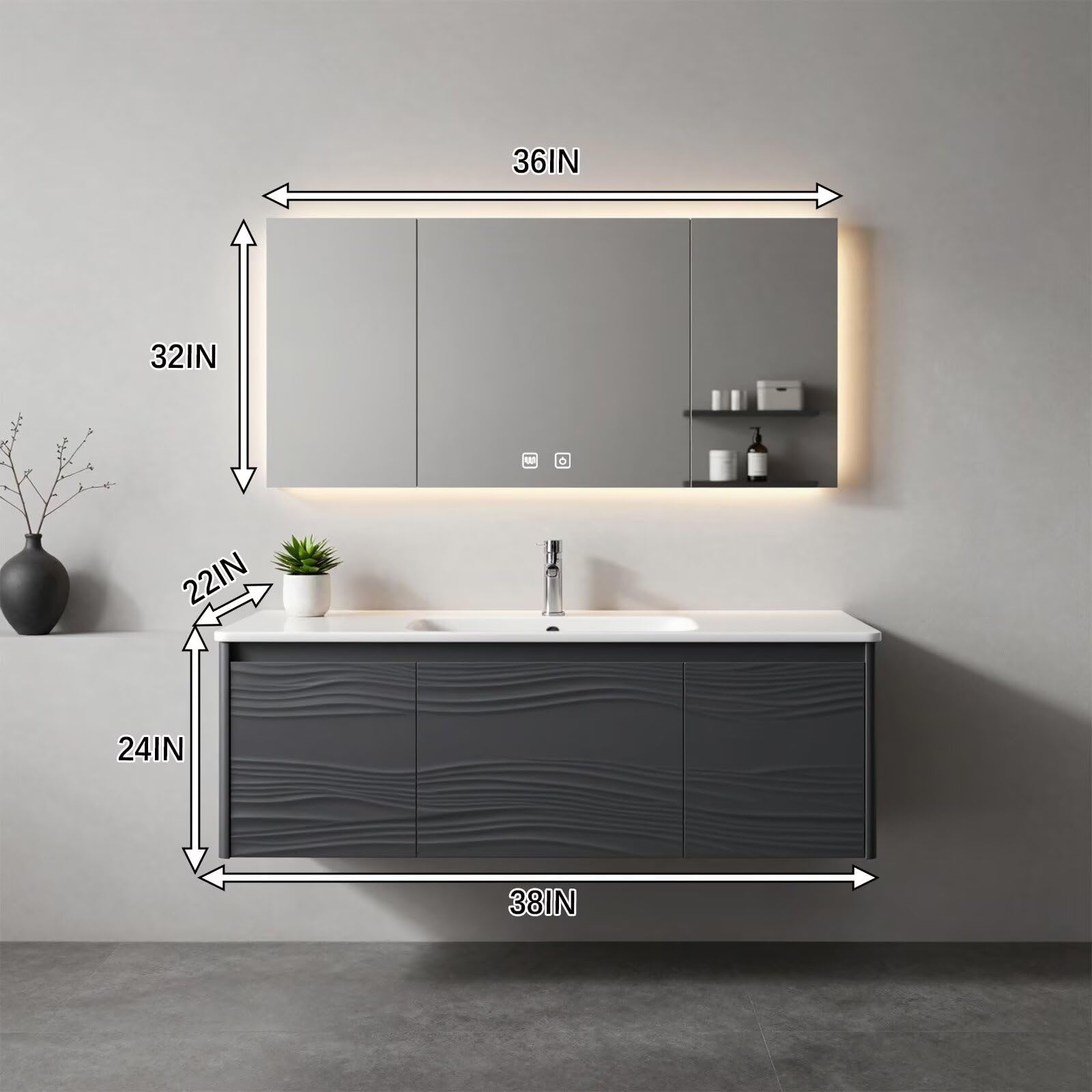 36”-58”Contemporary Gray Wall-Mounted Vanity with Embossed Doors & Large LED Lighted Mirror