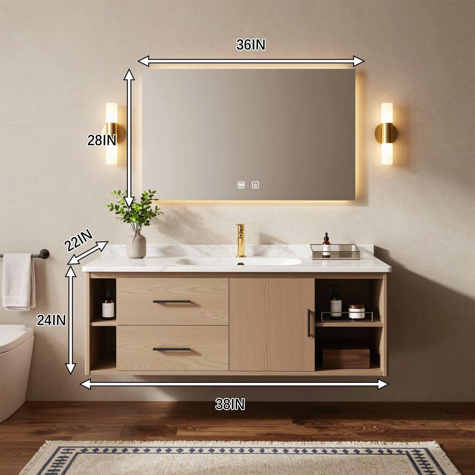 36”-58”Modern Wall Mounted Bathroom Vanity with Soft-Close Drawers & LED Lighted Mirror