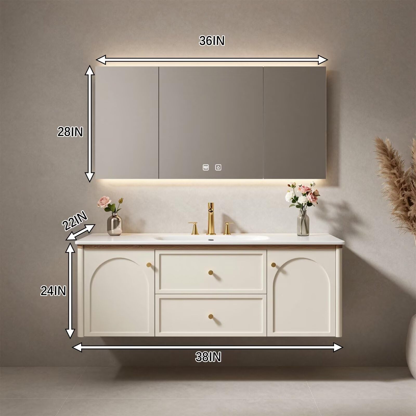 36”-58”Modern Off-White Bathroom Vanity with Wall Mounted Design & LED Lighted Medicine Cabinet