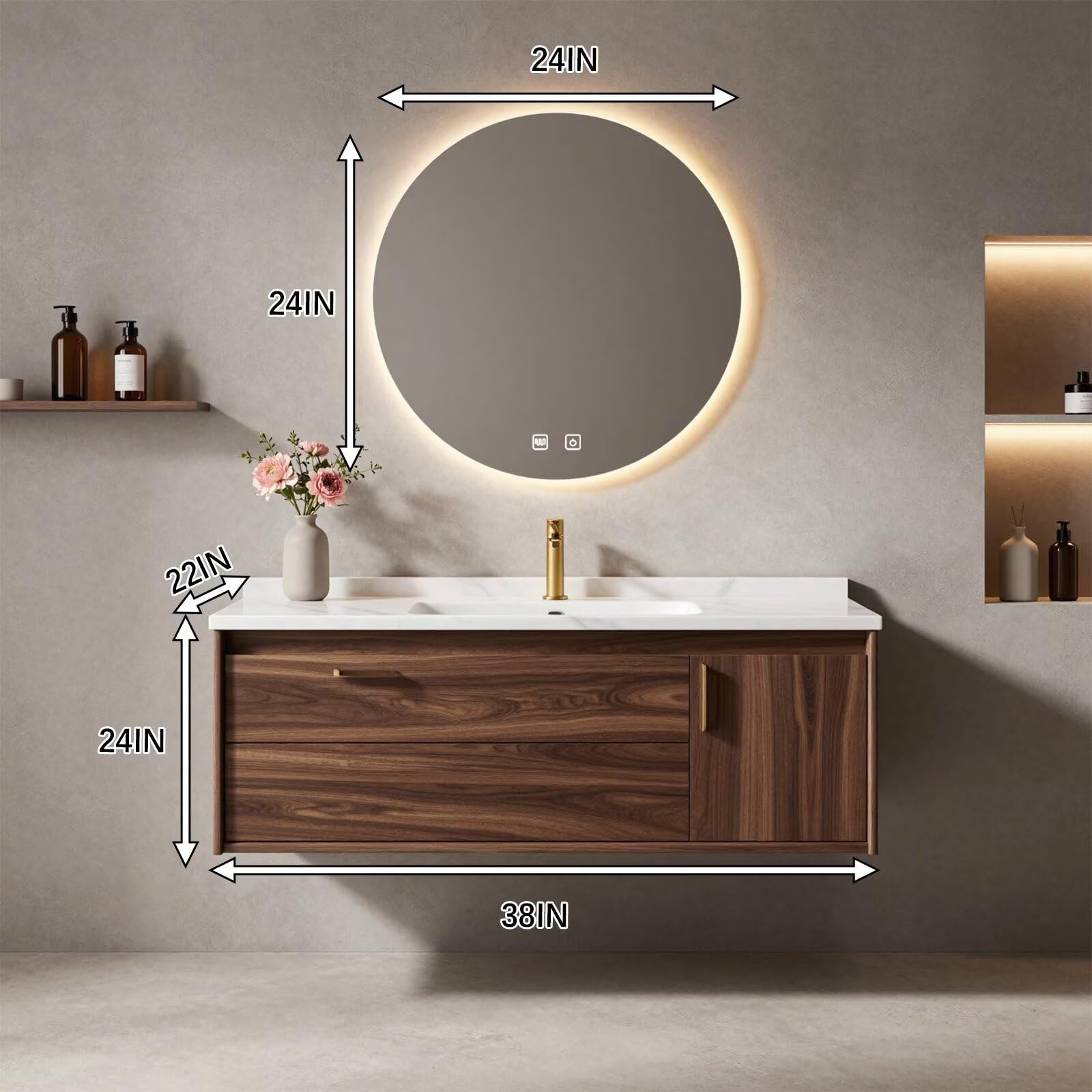 36”-58”Walnut Floating Bathroom Vanity with Marble Top & LED Round Backlit Mirror