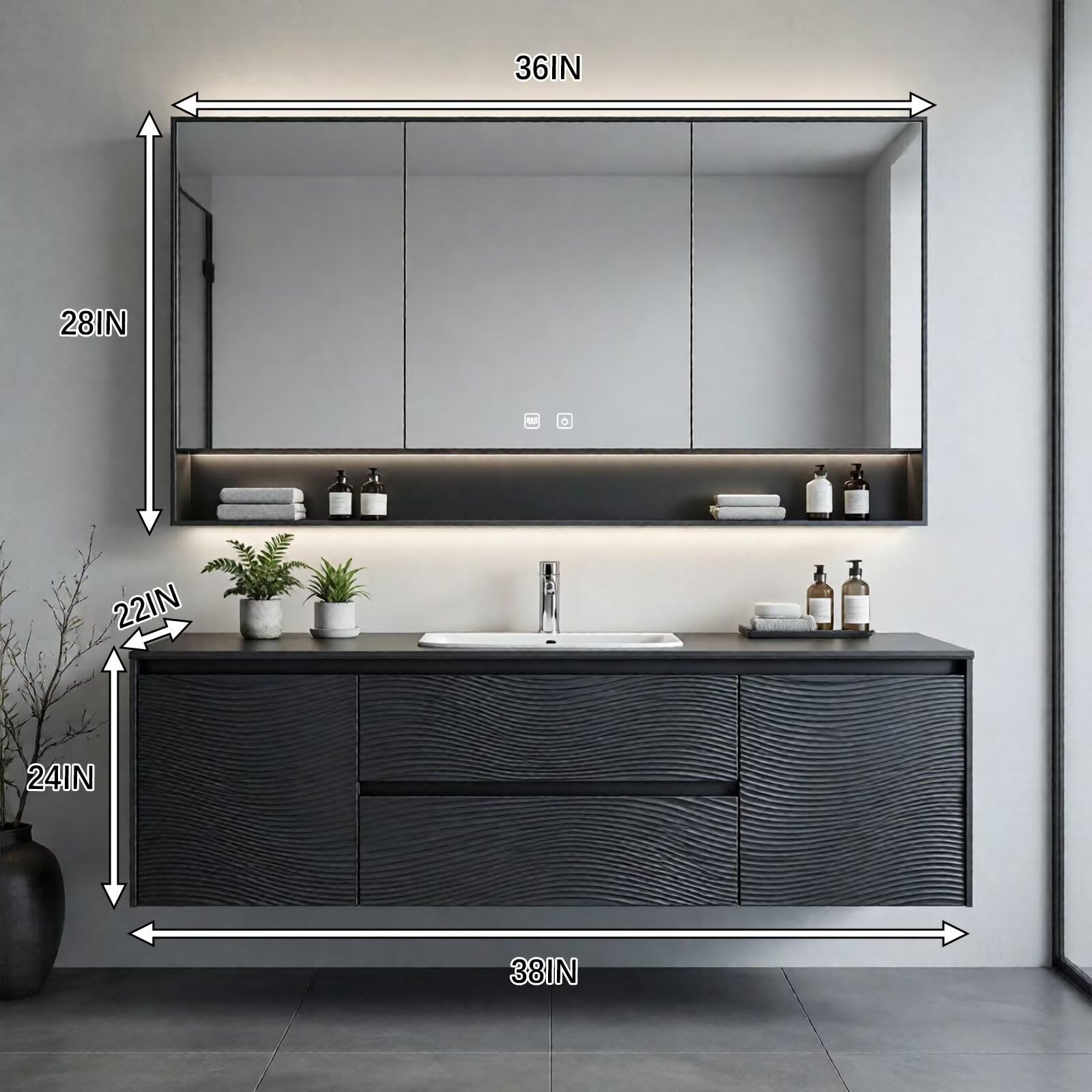 36”-58”Floating Black Bathroom Vanity with Wavy Texture & LED Lighted Mirror Cabinet