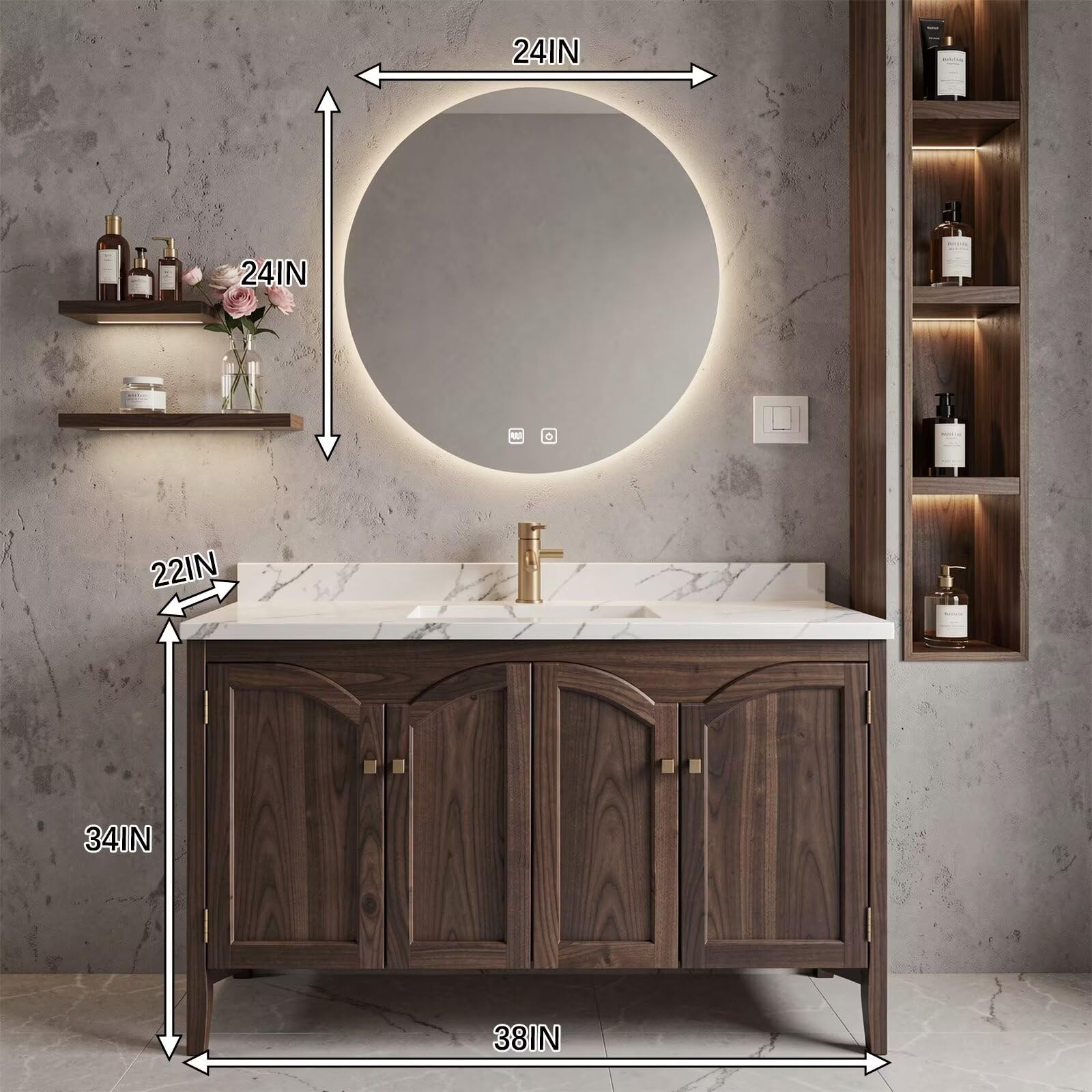 36”-58” Modern Dark Wood Vanity with Sink, Arched Doors & LED Smart Round Mirror