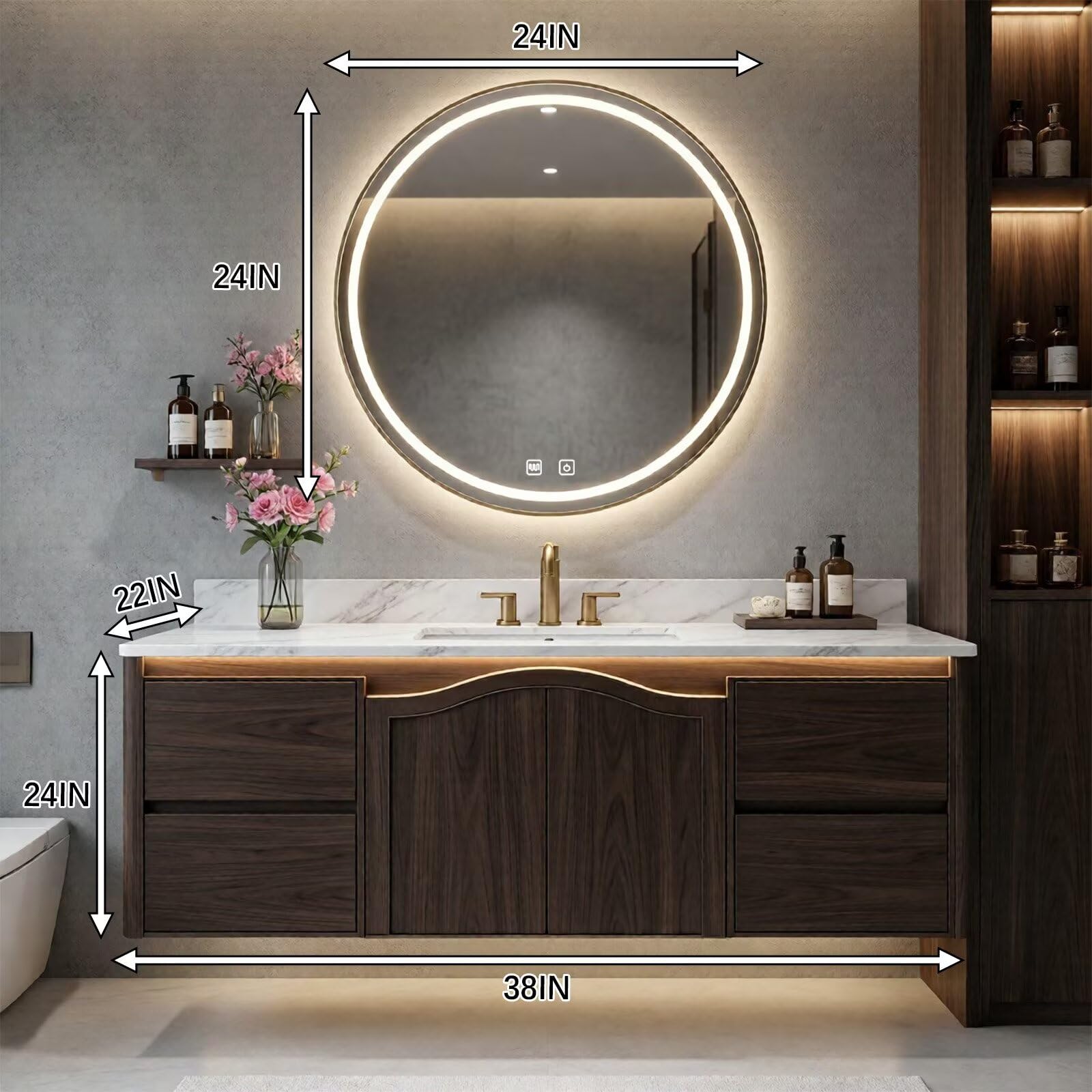 36”-58”Floating Walnut Bathroom Vanity with Marble Top & LED Round Mirror