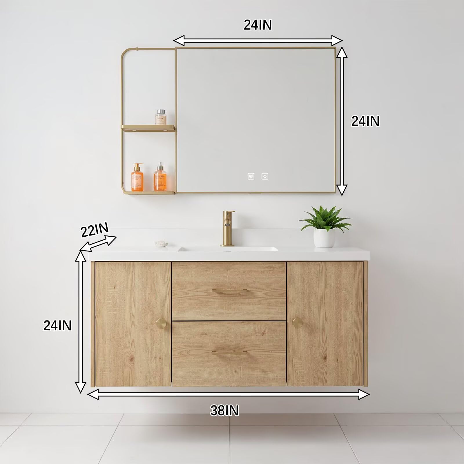 36”-58”Light Wood Floating Bathroom Vanity with White Stone Top & Gold Handles