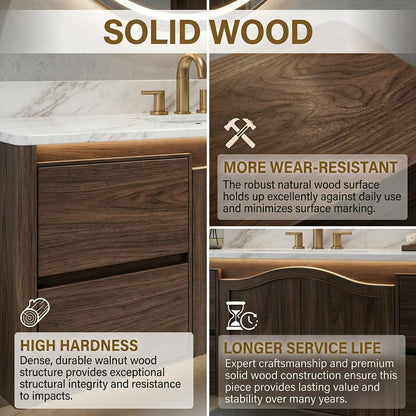 36”-58”Floating Walnut Bathroom Vanity with Marble Top & LED Round Mirror